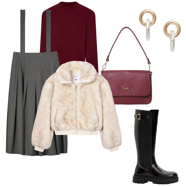 Outfit donna - Autunno in rosso. Stile Casual per Tutti i giorni. Abbinamento con stivali, t-shirt, ecopellicce, borse a tracolla, orecchini, gonne lunghe.