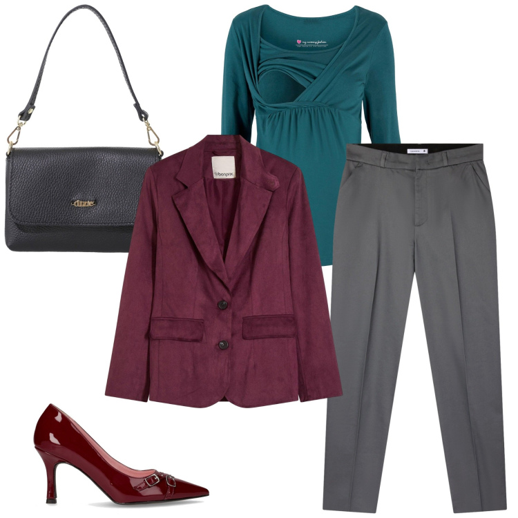 Outfit donna - Ottobre. Stile Casual per Tutti i giorni. Abbinamento con maglieria, blazer, pantaloni chino, borse a tracolla, décolleté.
