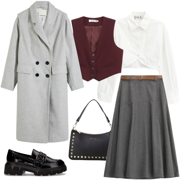 Outfit donna - In grigio. Stile Casual per Ufficio. Abbinamento con cappotti, camicie, gonne lunghe, gilet, pochette, mocassini.
