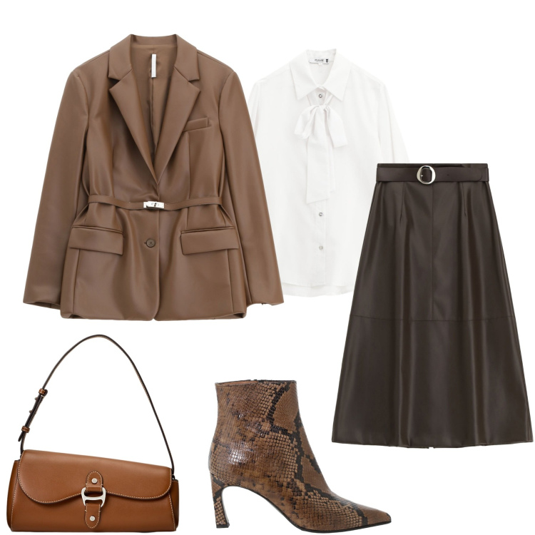 Outfit donna - Glamour autunnale. Stile Glamour per Ufficio. Abbinamento con camicie, blazer, gonne lunghe, stivaletti, borse a spalla.