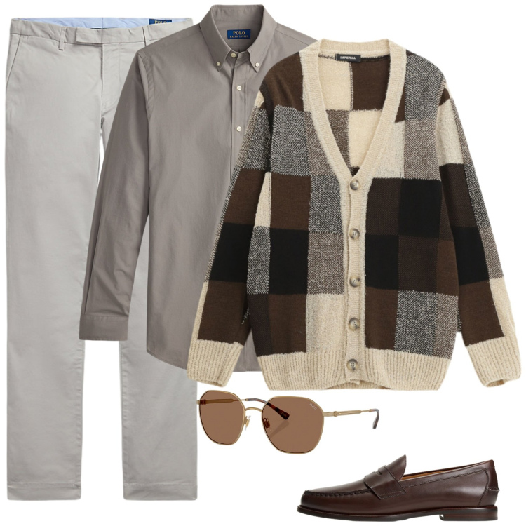 Outfit uomo - Un abbraccio caldo. Stile Casual per Tutti i giorni. Abbinamento con cardigans, occhiali da sole, scarpe stringate, pantaloni chino, camicie.