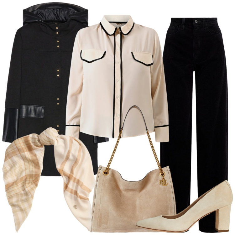 Outfit donna - Domenica pomeriggio. Stile Bon Ton per Serata fuori. Abbinamento con camicie, borse tote, décolleté, sciarpe, pantaloni, cappotti.