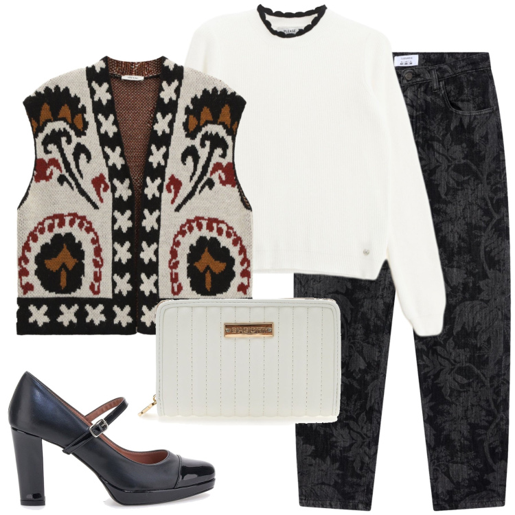 Outfit donna - Total look #2259353. Stile Casual chic per Tutti i giorni. Abbinamento con jeans, pullovers, gilet, portafogli, décolleté.