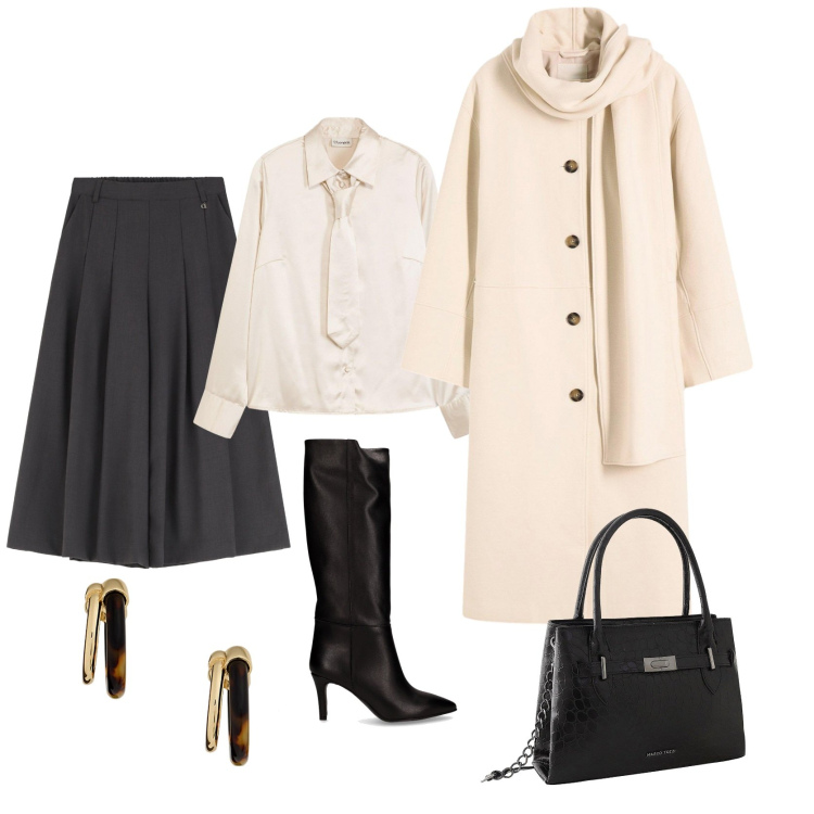 Outfit donna - Total look #2259354. Stile Casual chic per Ufficio. Abbinamento con cappotti, camicie, borse a mano, pantaloni a palazzo, orecchini, stivali.