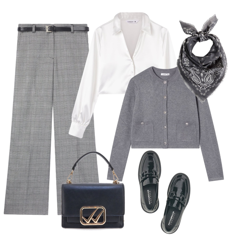 Outfit donna - Pranzo di lavoro. Stile Glamour per Ufficio. Abbinamento con foulard, camicie, pantaloni, cardigans, mocassini, borse a tracolla.