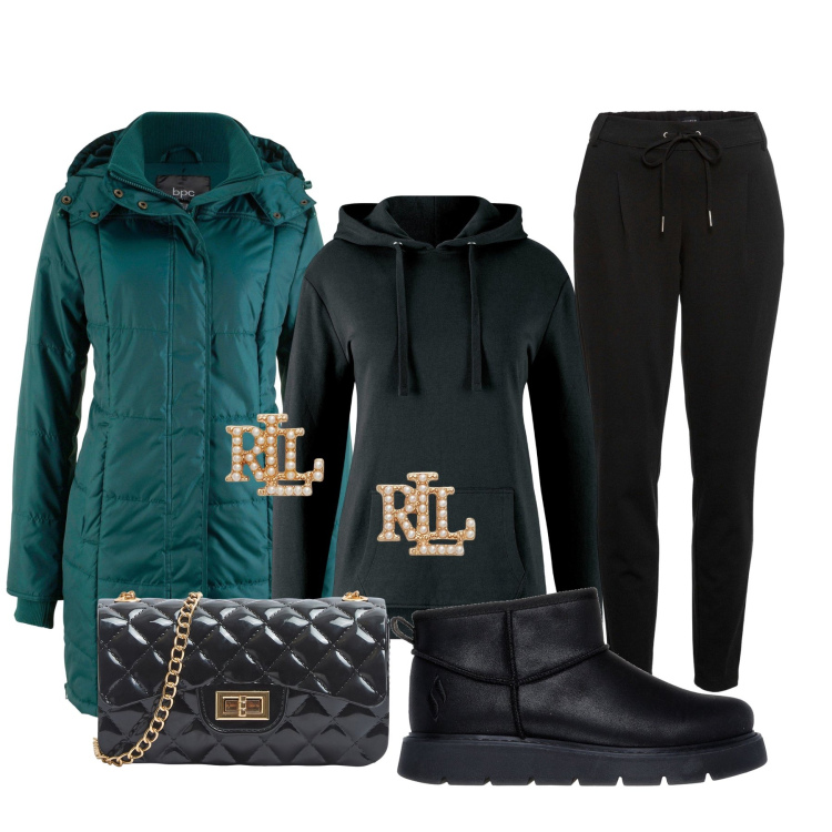 Outfit donna - Piumino Ottanio. Stile Casual per Tutti i giorni. Abbinamento con pantaloni, felpe con cappuccio, giacche, borse a tracolla, orecchini, stivaletti.