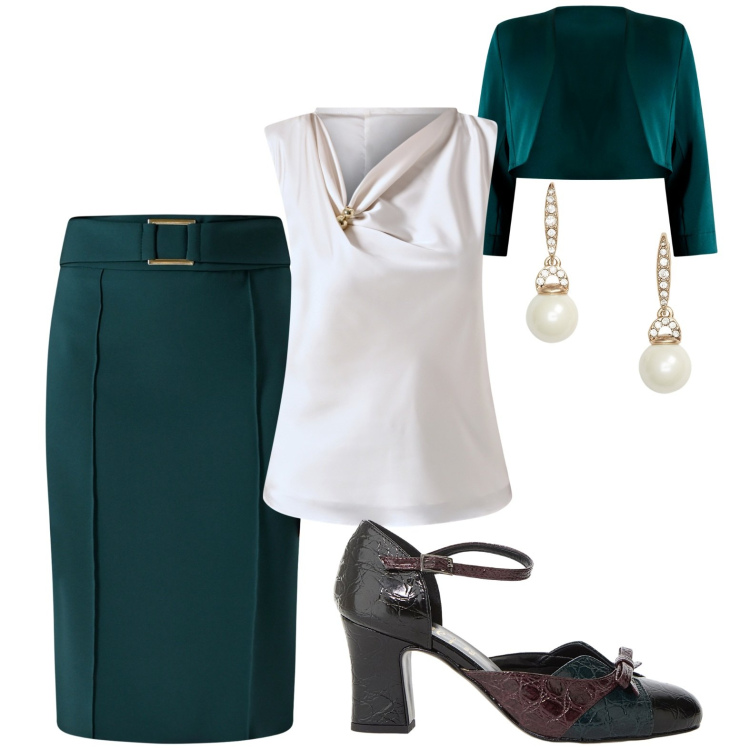 Outfit donna - Glamour autunnale. per Ufficio. Abbinamento con gonne, bluse, bolero, décolleté, orecchini.