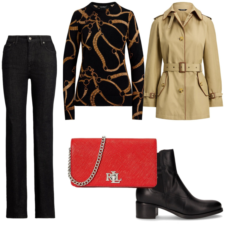 Outfit donna - Trench per l\'autunno. Stile Casual chic per Tutti i giorni. Abbinamento con trench, borse a tracolla, maglieria, jeans, stivaletti.