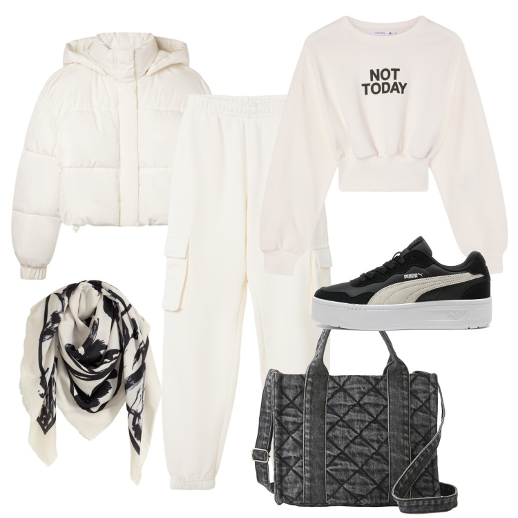 Outfit donna - Sportiva bianco lana. Stile Casual per Tutti i giorni. Abbinamento con foulard, borse a mano, felpe, bomber, pantaloni, sneakers.