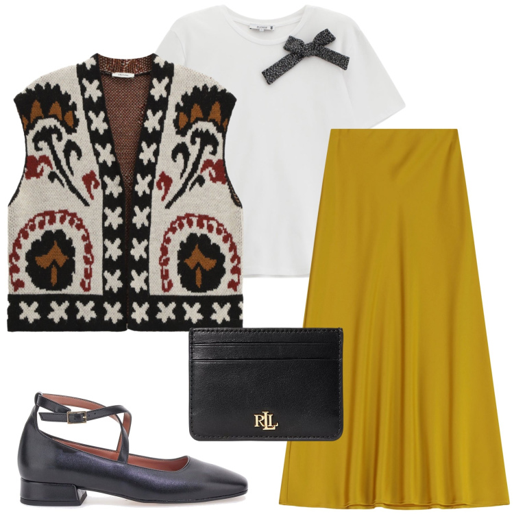 Outfit donna - Total look #2259361. Stile Boho per Tutti i giorni. Abbinamento con t-shirt, gonne lunghe, gilet, portafogli, ballerine.