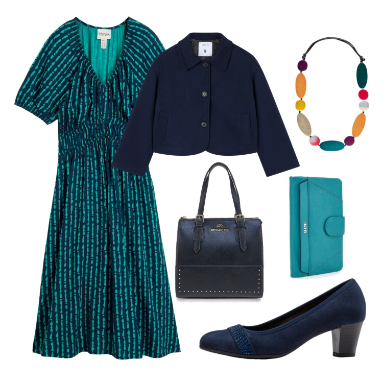 Outfit donna - Proposta colore ottanio!. Stile Vintage retrò per Tutti i giorni. Abbinamento con décolleté, vestiti midi/longuette, blazer, borse a mano, collane, portafogli.