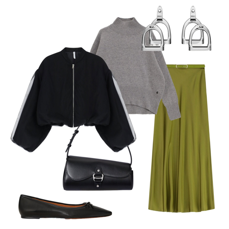 Outfit donna - Total look #2259365. Stile Glamour per Serata fuori. Abbinamento con gonne lunghe, bomber, maglieria, orecchini, ballerine, borse a spalla.