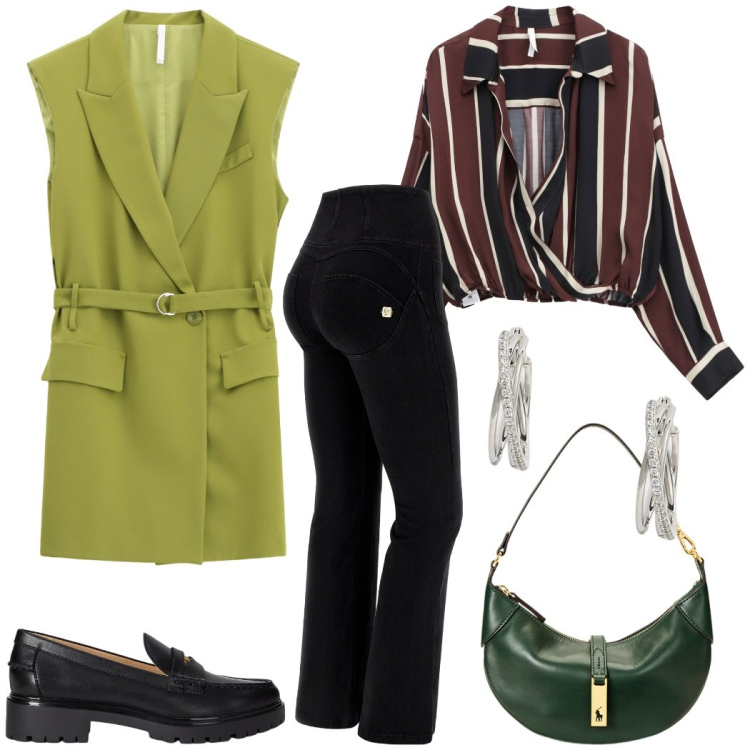 Outfit donna - Gilet protagonista. Stile Urban per Ufficio. Abbinamento con camicie, gilet, jeans, borse a spalla, orecchini, mocassini.