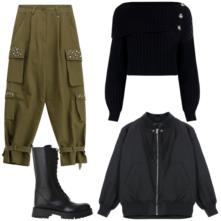 Outfit donna - Look Militare ma con stile. Stile Military per Tutti i giorni. Abbinamento con maglieria, bomber, pantaloni cargo, stivali.
