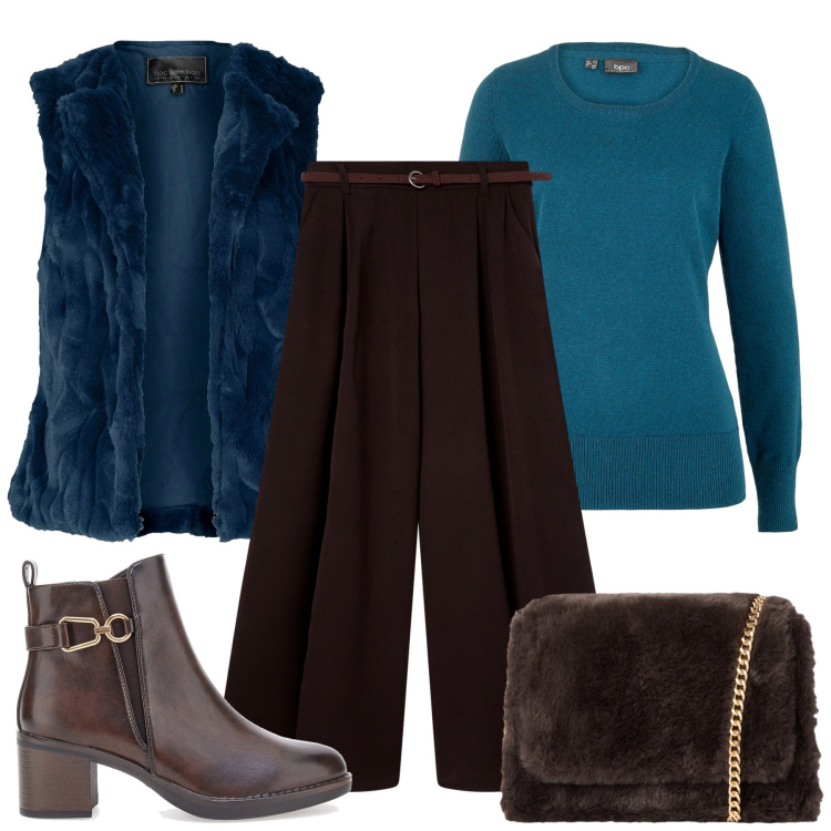Outfit donna - Ecopelliccia chic. Stile Chic per Tutti i giorni. Abbinamento con gilet, maglieria, pantaloni, borse a tracolla, stivaletti.