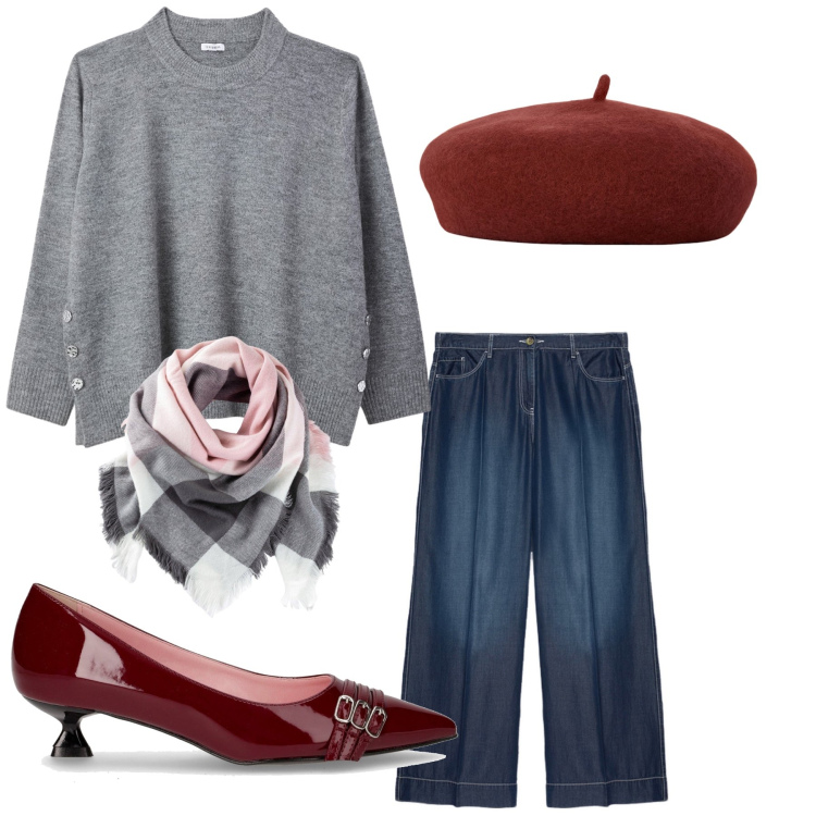 Outfit donna - Total look #2259370. Stile Casual chic per Tutti i giorni. Abbinamento con foulard, maglieria, pantaloni, cappelli e berretti, décolleté.
