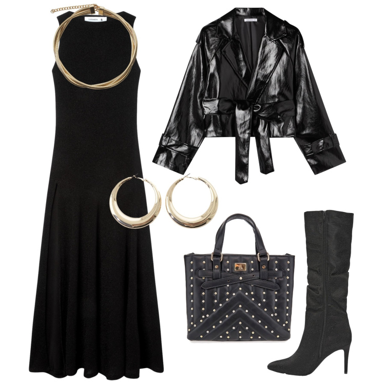 Outfit donna - Serata in nero, oro e strass. Stile Chic per Serata fuori. Abbinamento con vestiti lunghi, stivali, giacche, collane, orecchini, borse a mano.