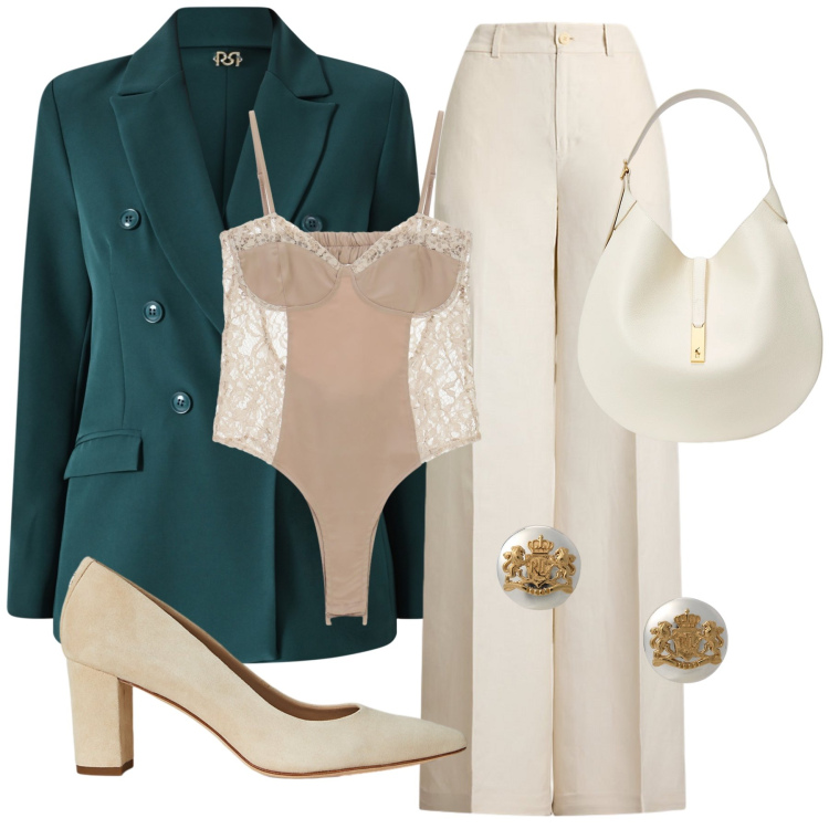 Outfit donna - Blazer ottanio. Stile Chic per Cerimonia. Abbinamento con body, blazer, pantaloni, orecchini, borse a spalla, décolleté.