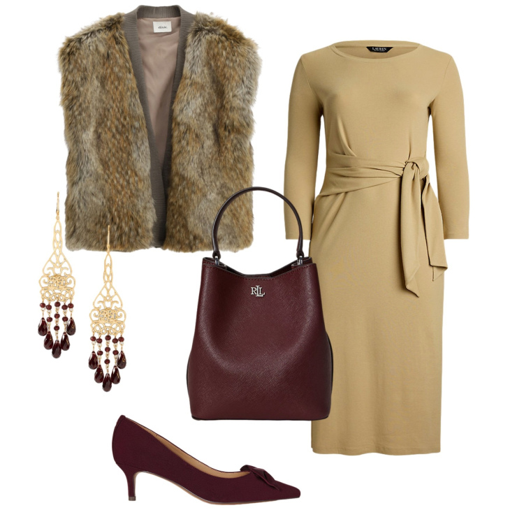 Outfit donna - Total look #2259373. Stile Glamour per Serata fuori. Abbinamento con cappotti, vestiti, décolleté, borse a secchiello, orecchini.