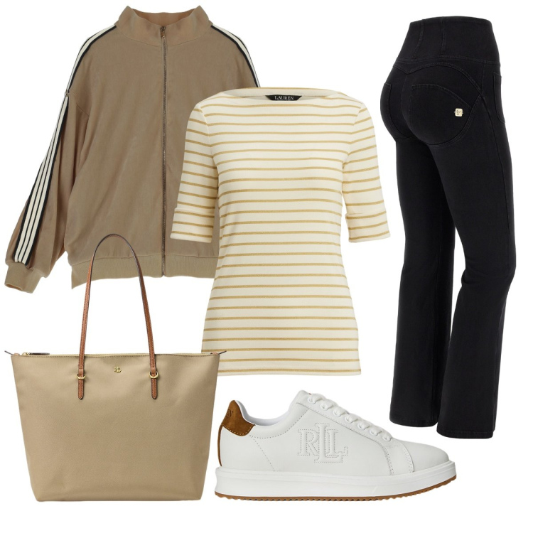 Outfit donna - All’università. Stile Sporty chic per Scuola/Università. Abbinamento con jeans, felpe, t-shirt, borse tote, sneakers.
