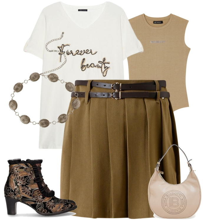 Outfit donna - Gonna e stivaletti. per Tutti i giorni. Abbinamento con cinture, minigonne, body, stivaletti, borse a spalla, t-shirt.
