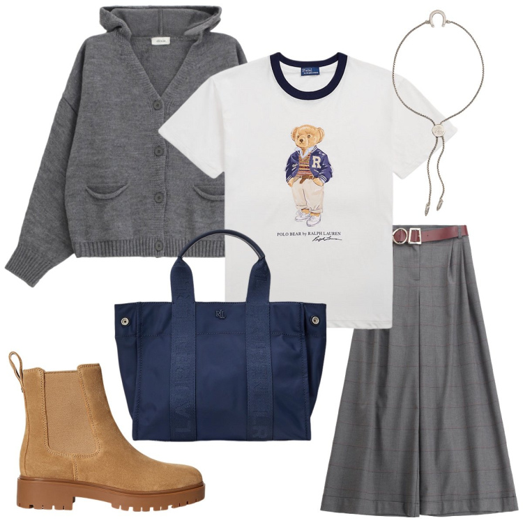 Outfit donna - La t-shirt griffata. Stile Casual chic per Tutti i giorni. Abbinamento con pantaloni, cardigans, t-shirt, borse tote, stivaletti chelsea, braccialetti con ciondoli.