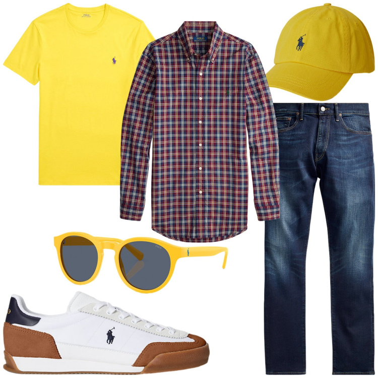 Outfit uomo - Total look #2259380. Stile Trendy per Tutti i giorni. Abbinamento con jeans, t-shirt, sneakers, occhiali da sole, cappelli con visiera, camicie.