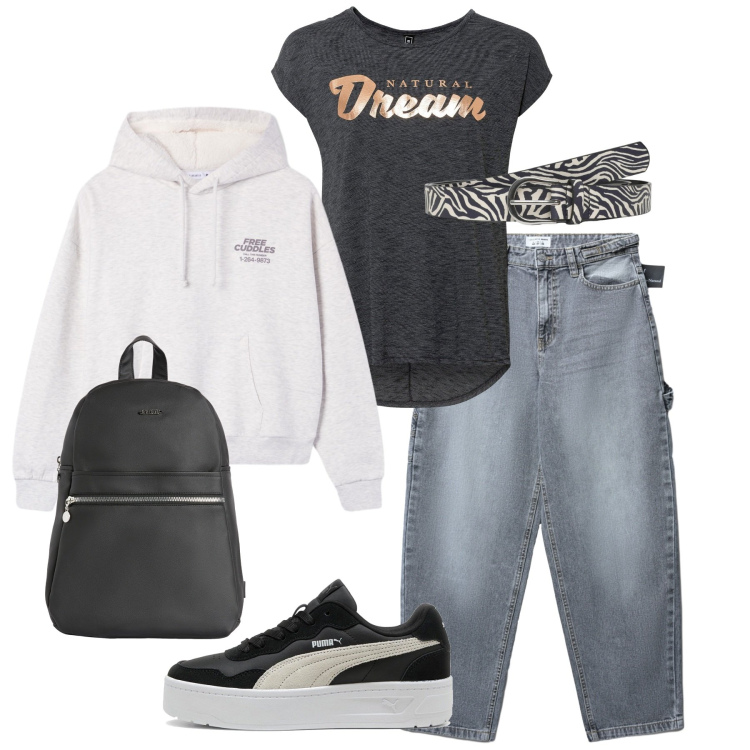 Outfit donna - Total look #2259381. Stile Basic per Scuola/Università. Abbinamento con maglieria, cinture, jeans, felpe con cappuccio, zaini, sneakers.