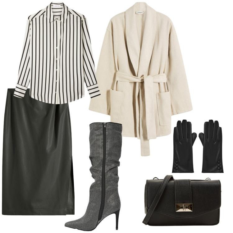 Outfit donna - Aperitivo. Stile Casual chic per Serata fuori. Abbinamento con gonne longuette, blazer, stivali, borse a tracolla, camicie, guanti.