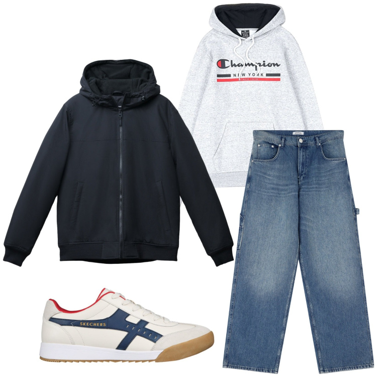 Outfit uomo - Total look #2259385. Stile Casual per Tutti i giorni. Abbinamento con giacche, jeans, felpe con cappuccio, sneakers.