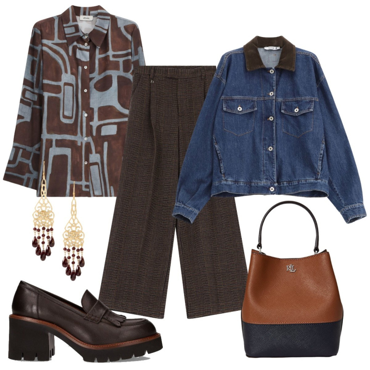Outfit donna - Color denim & cacao. Stile Casual chic per Ufficio. Abbinamento con blazer, pantaloni a palazzo, camicie, borse a secchiello, orecchini, décolleté.