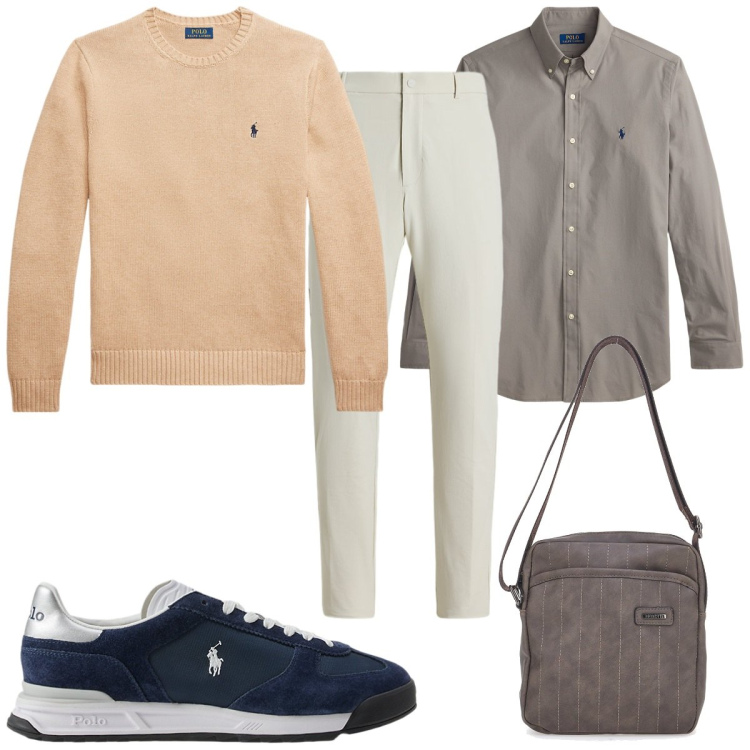 Outfit uomo - Eleganza in maglia per l\'ufficio. Stile Casual per Ufficio. Abbinamento con maglieria, pantaloni, sneakers, camicie, portafogli.