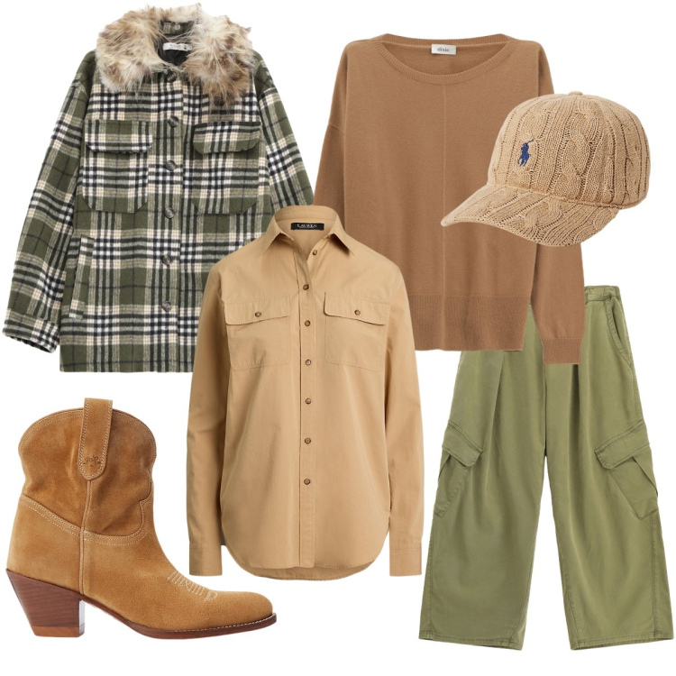 Outfit donna - La giacca scozzese. Stile Casual chic per Tutti i giorni. Abbinamento con pantaloni cargo, cappotti, maglieria, stivaletti, camicie, cappelli.