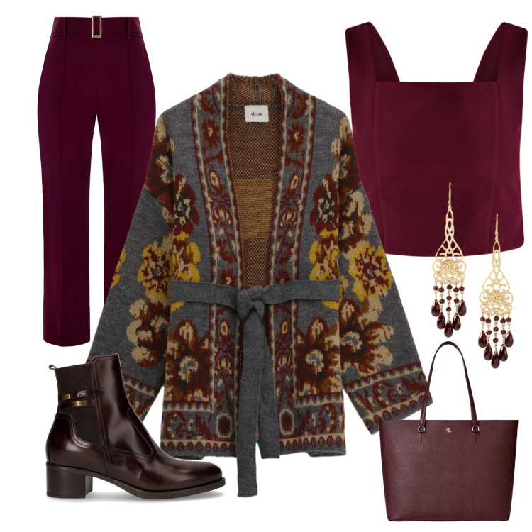 Outfit donna - Bordeaux. per Tutti i giorni. Abbinamento con pantaloni, top, cardigans, orecchini, borse tote, stivaletti.