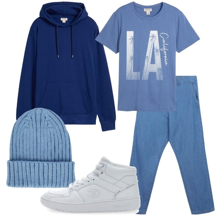 Outfit uomo - Drive in. Stile Urban per Serata speciale. Abbinamento con t-shirt, felpe con cappuccio, jeans, berretti, sneakers alte.
