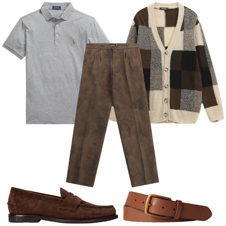 Outfit uomo - Eleganza in maglia: la giacca di lana. Stile Casual per Tutti i giorni. Abbinamento con pantaloni, cardigans, cinture, polo, scarpe stringate.