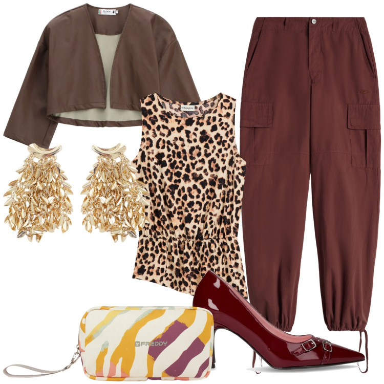 Outfit donna - Aperitivo super glam ed originale. Stile Trendy per Serata fuori. Abbinamento con top, giacche, pantaloni cargo, valigie, orecchini, décolleté.