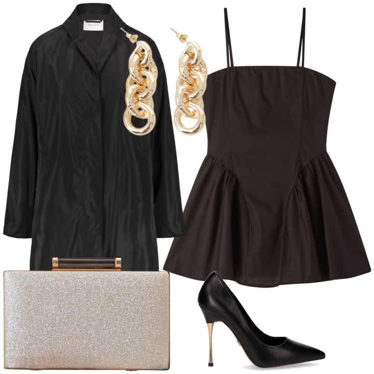 Outfit donna - Black and gold woman. Stile Glamour per Serata fuori. Abbinamento con vestiti corti, clutch, orecchini, trench, décolleté.