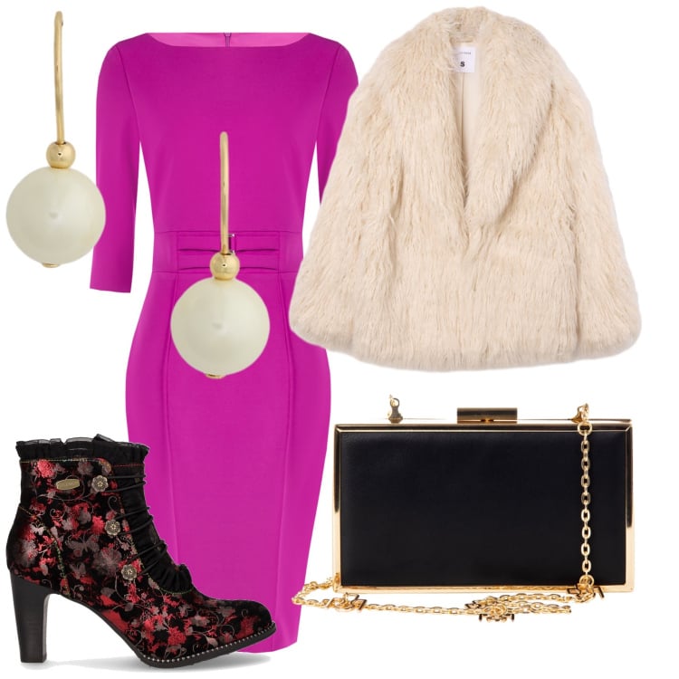 Outfit donna - Abito coloratissimo. Stile Glamour per Cerimonia. Abbinamento con ecopellicce, vestiti a tubino, pochette, orecchini, stivaletti.