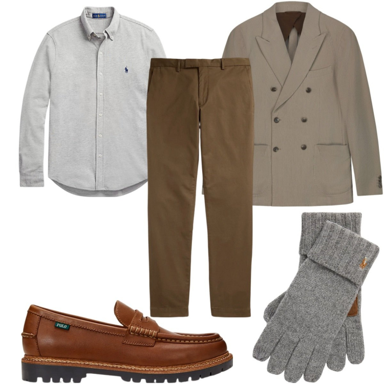 Outfit uomo - Serata in città ad d\'ottobre. Stile Casual per Serata speciale. Abbinamento con camicie, guanti, scarpe stringate, pantaloni, giacche.