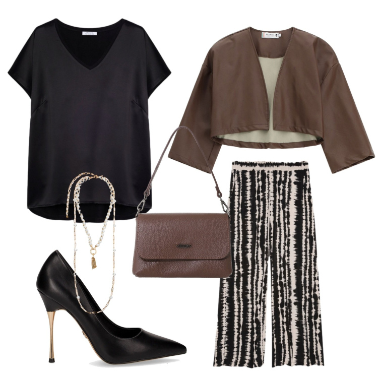 Outfit donna - Total look #2259405. Abbinamento con giacche, borse a tracolla, bluse, collane, décolleté, pantaloni a palazzo.