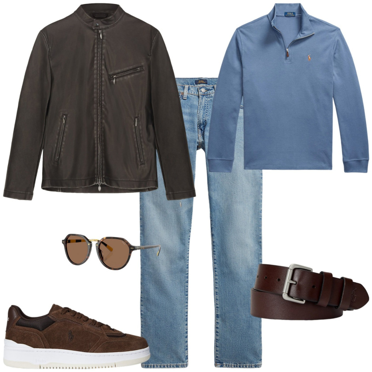 Outfit uomo - Total look #2259418. Stile Trendy per Tutti i giorni. Abbinamento con occhiali da sole, pullovers, cinture, sneakers, jeans dritti, giacche.