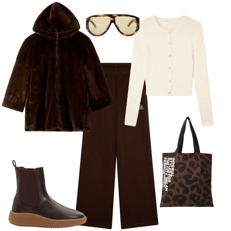 Outfit donna - Total look #2259422. Stile Sporty chic per Tutti i giorni. Abbinamento con stivaletti chelsea, pantaloni, cardigans, ecopellicce, shopping bag, occhiali da sole.