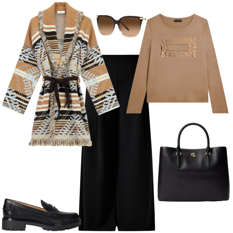 Outfit donna - Total look #2259423. Stile Casual chic per Tutti i giorni. Abbinamento con pantaloni a palazzo, t-shirt, cardigans, occhiali da sole, borse a mano, mocassini.
