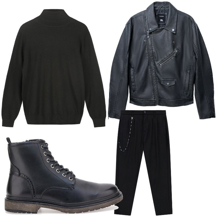 Outfit uomo - Black rock. Stile Biker Rock per Tutti i giorni. Abbinamento con giacche, pantaloni, maglieria, anfibi.