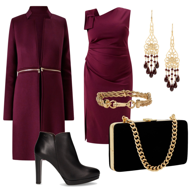 Outfit donna - Red carpet. Stile Chic per Serata fuori. Abbinamento con vestiti a tubino, cappotti, clutch, orecchini, braccialetti, stivaletti.