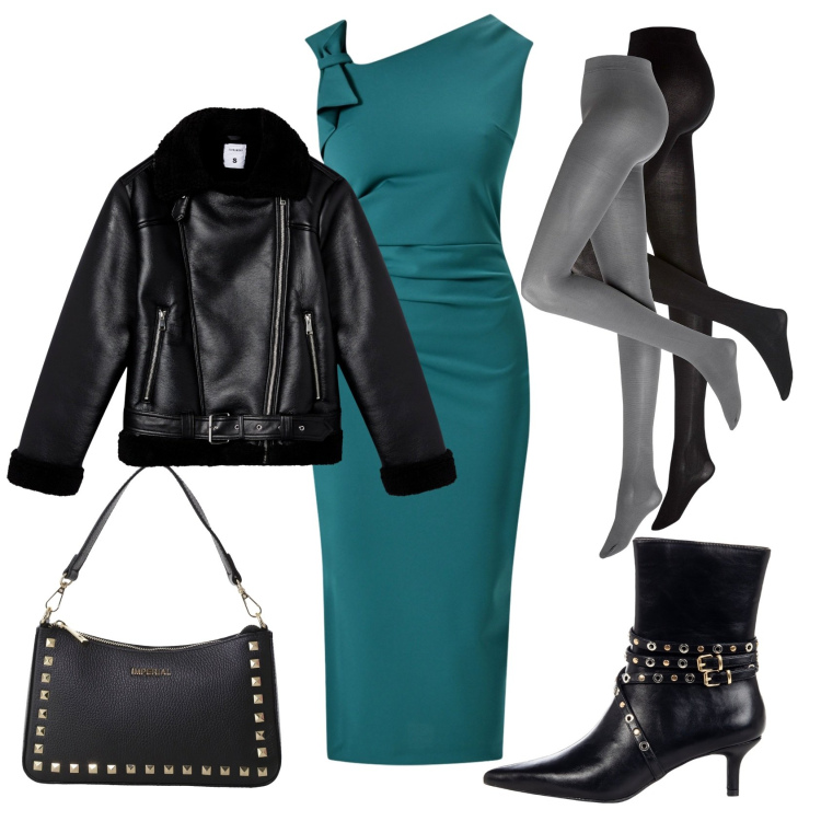 Outfit donna - Romantico Rock. Stile Rock per Serata fuori. Abbinamento con collant, giacche, stivaletti, vestiti a tubino, pochette.