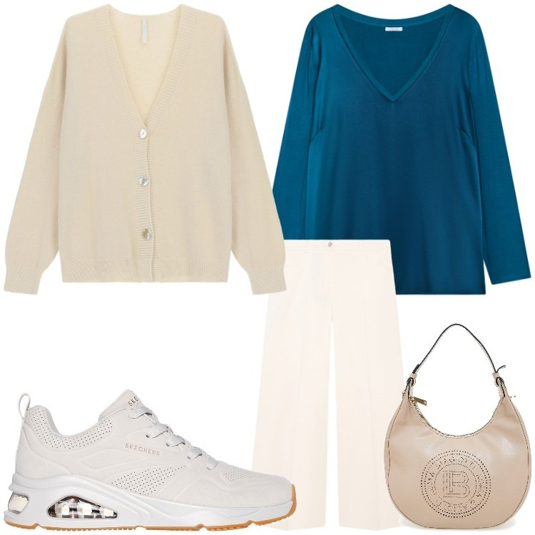 Outfit donna - Tutti i giorni. Stile Casual per Tutti i giorni. Abbinamento con cardigans, bluse, sneakers, pantaloni a palazzo, borse a spalla.