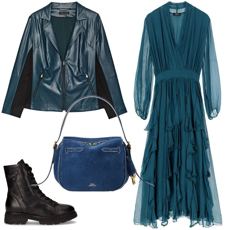 Outfit donna - Anima rock. Stile Rock per Serata fuori. Abbinamento con vestiti midi/longuette, borse a mano, giacche, anfibi.
