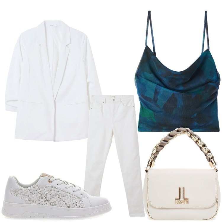 Outfit donna - Sporty glam. Stile Sporty chic per Serata fuori. Abbinamento con pantaloni skinny, blazer, canottiere, borse a tracolla, sneakers.